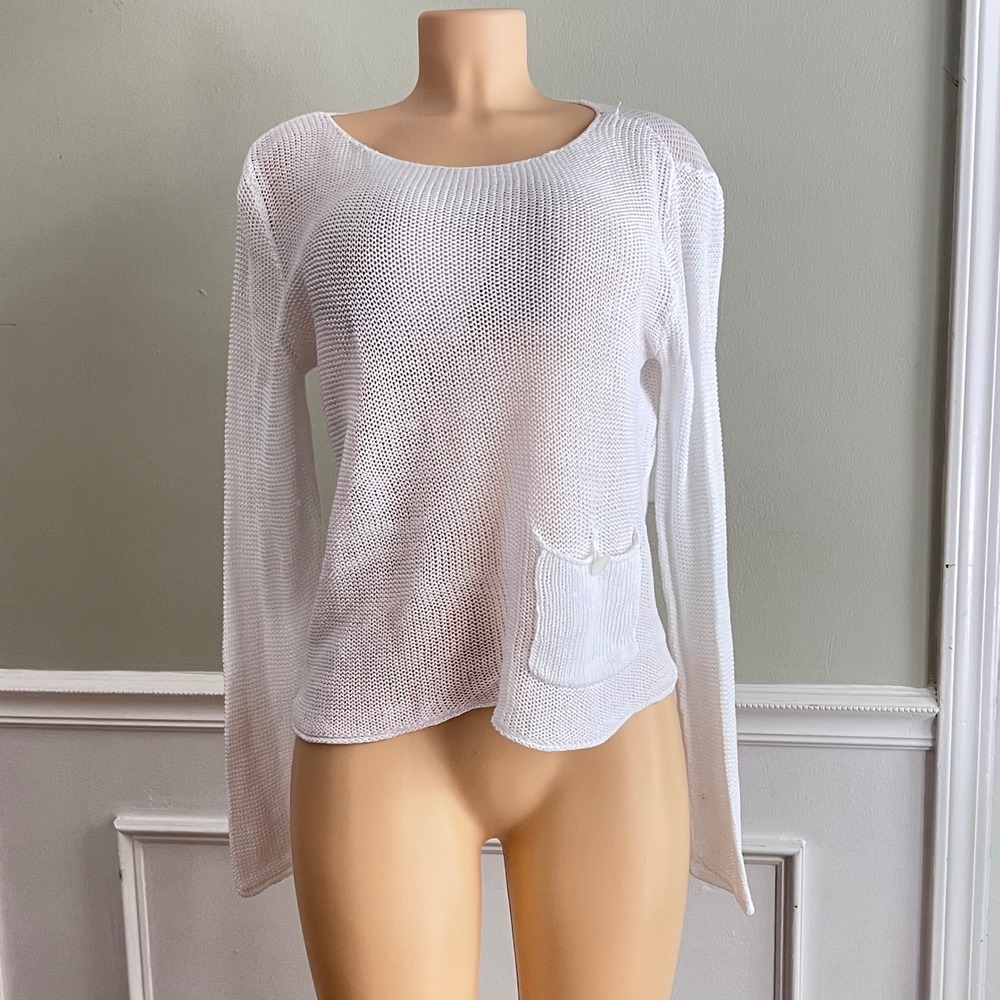 Talbots Sweater Womens Large Petites White Cotton Open Knit Mesh Pocket Coastal